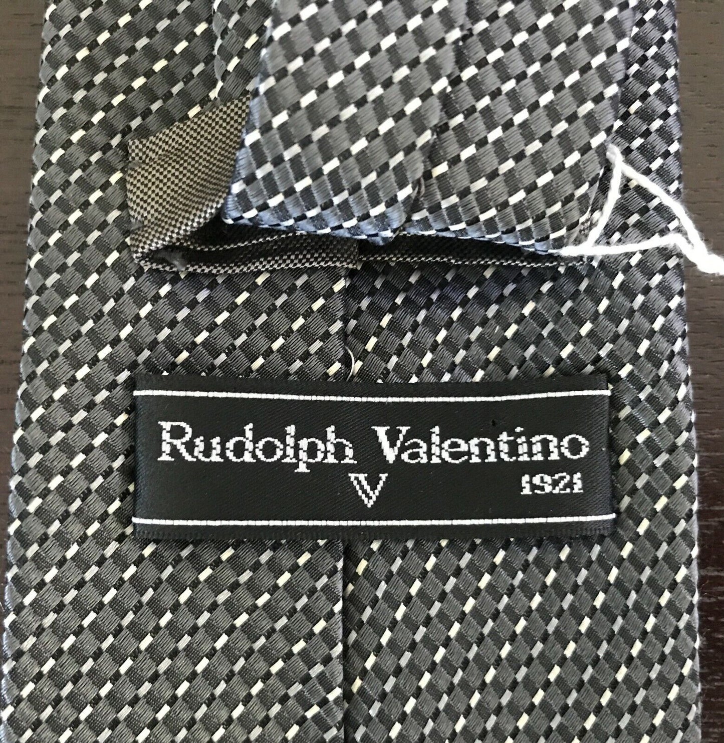 Mens Silk Tie RUDOLPH VALENTINO Black Grey Silver & Off White NeckTie Elegant