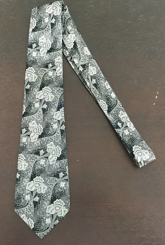 Mens GHERARDINI Silk TIe Grey Black Silver Floral Mosaic Print Italian Neck Tie