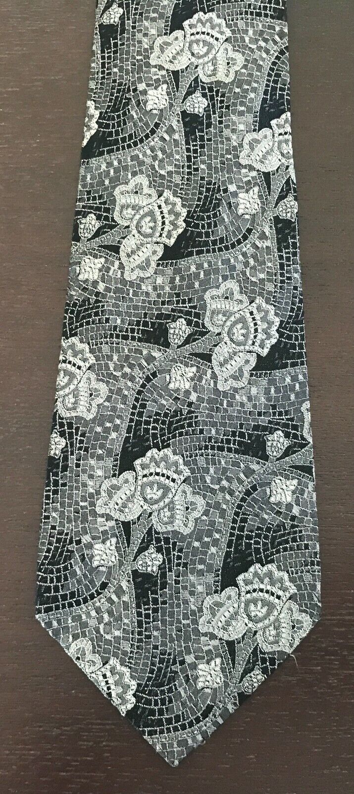 Mens GHERARDINI Silk TIe Grey Black Silver Floral Mosaic Print Italian Neck Tie