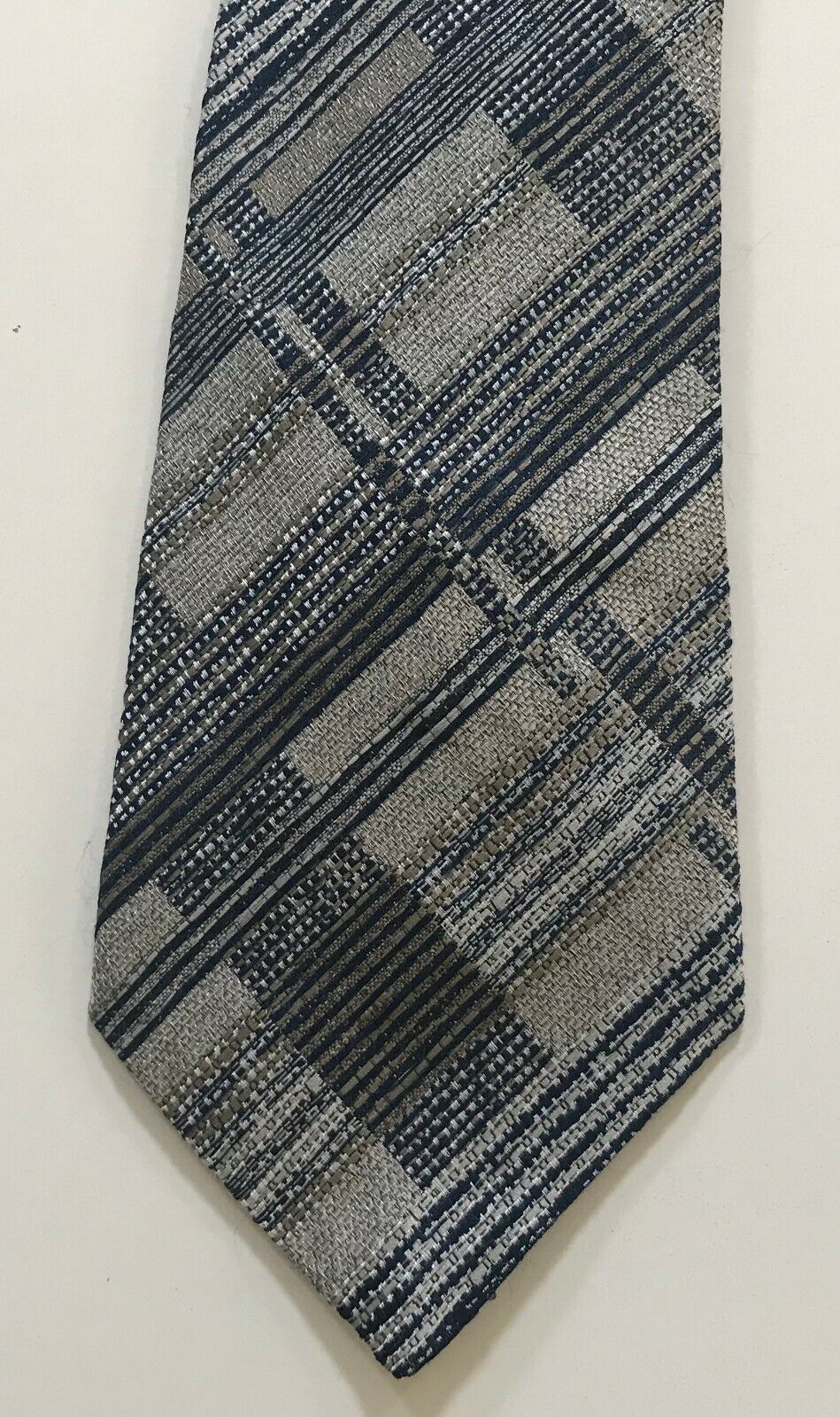 Vintage Mens Neck Tie Grey Taupe Navy & White Irregular Stripe Pattern Mens Tie