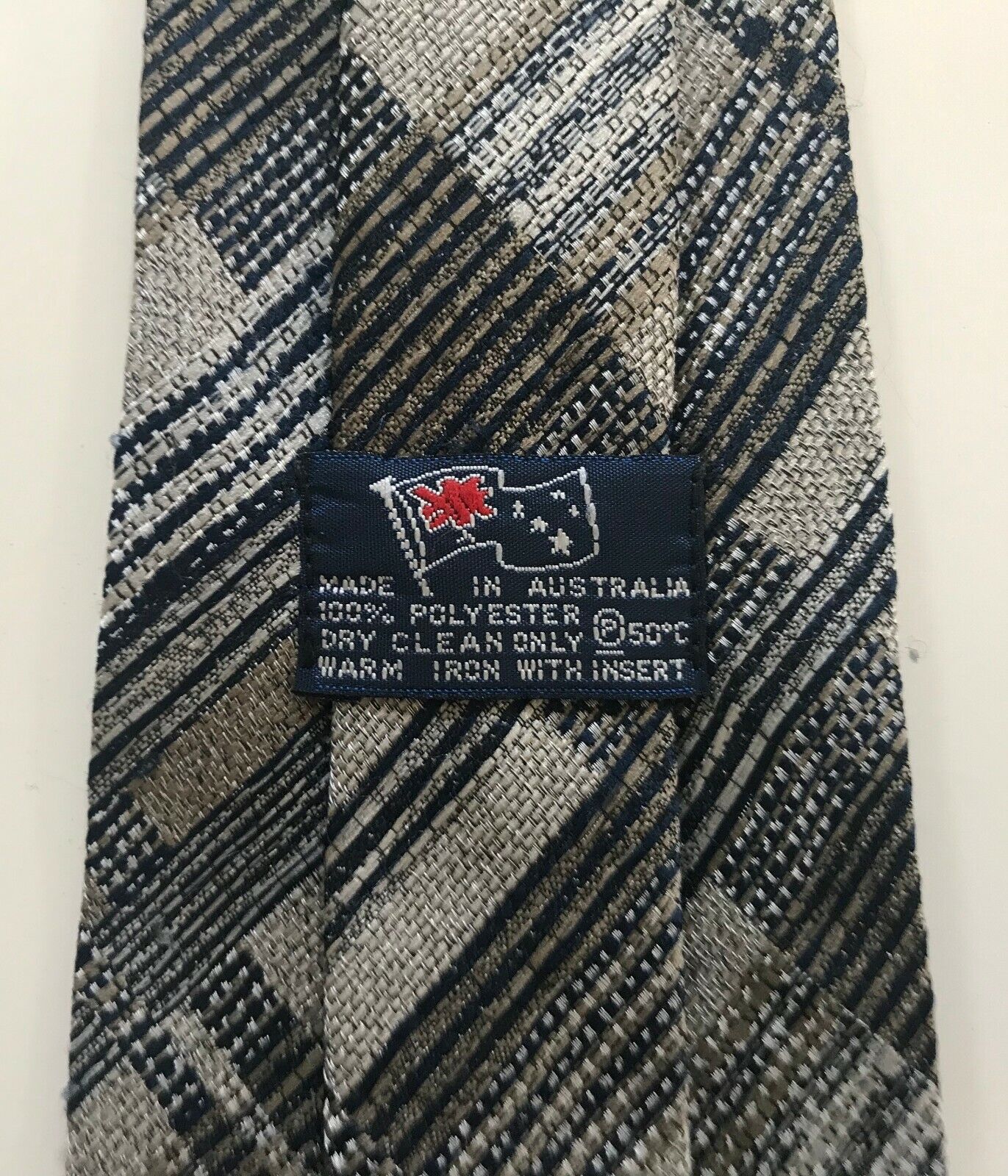 Vintage Mens Neck Tie Grey Taupe Navy & White Irregular Stripe Pattern Mens Tie