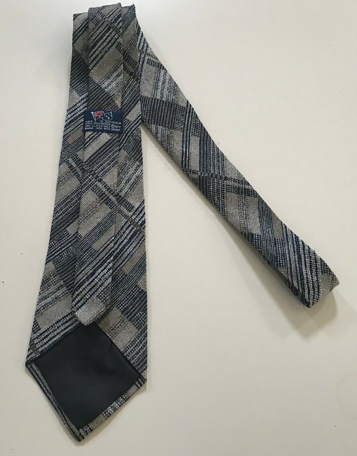Vintage Mens Neck Tie Grey Taupe Navy & White Irregular Stripe Pattern Mens Tie