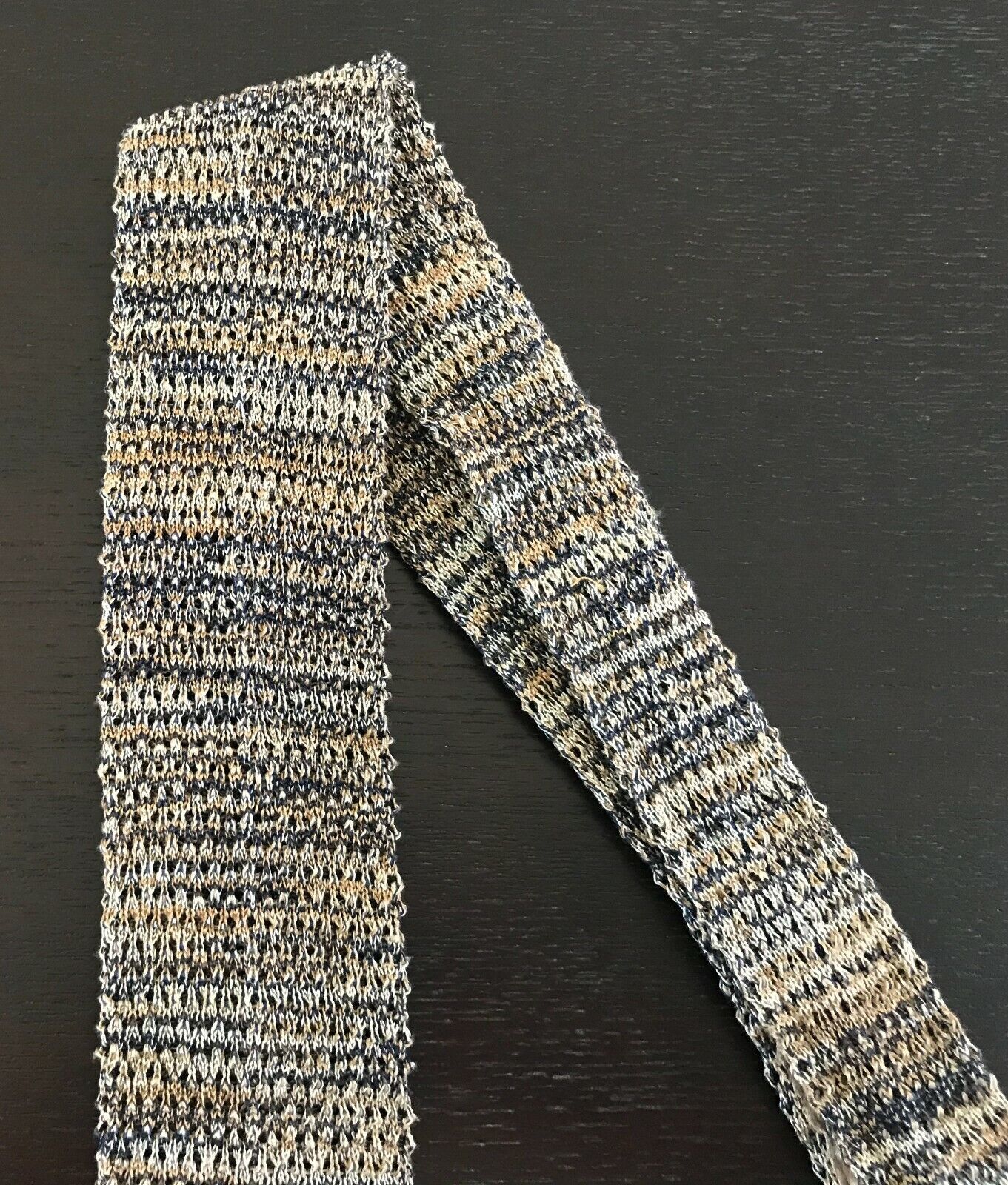 Vintage Boucle TIE Gold Shades Brown Black Cotton Knit Square End Mens NeckTie