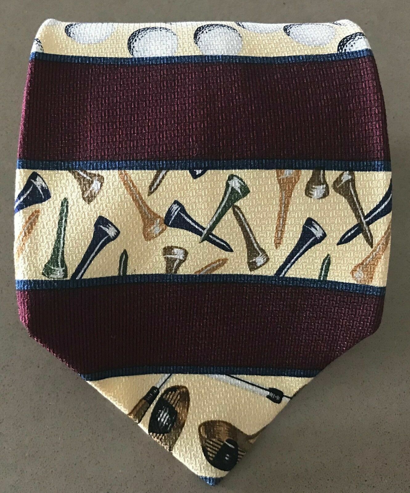 Mens Silk Te EARTHLY GOODS Burgundy Cream Stripe Golf Motif Print USA NeckTie