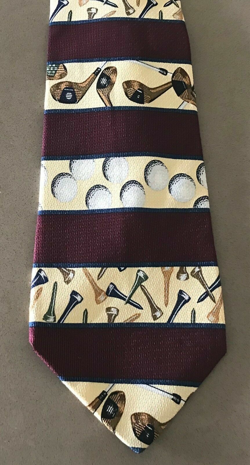 Mens Silk Te EARTHLY GOODS Burgundy Cream Stripe Golf Motif Print USA NeckTie