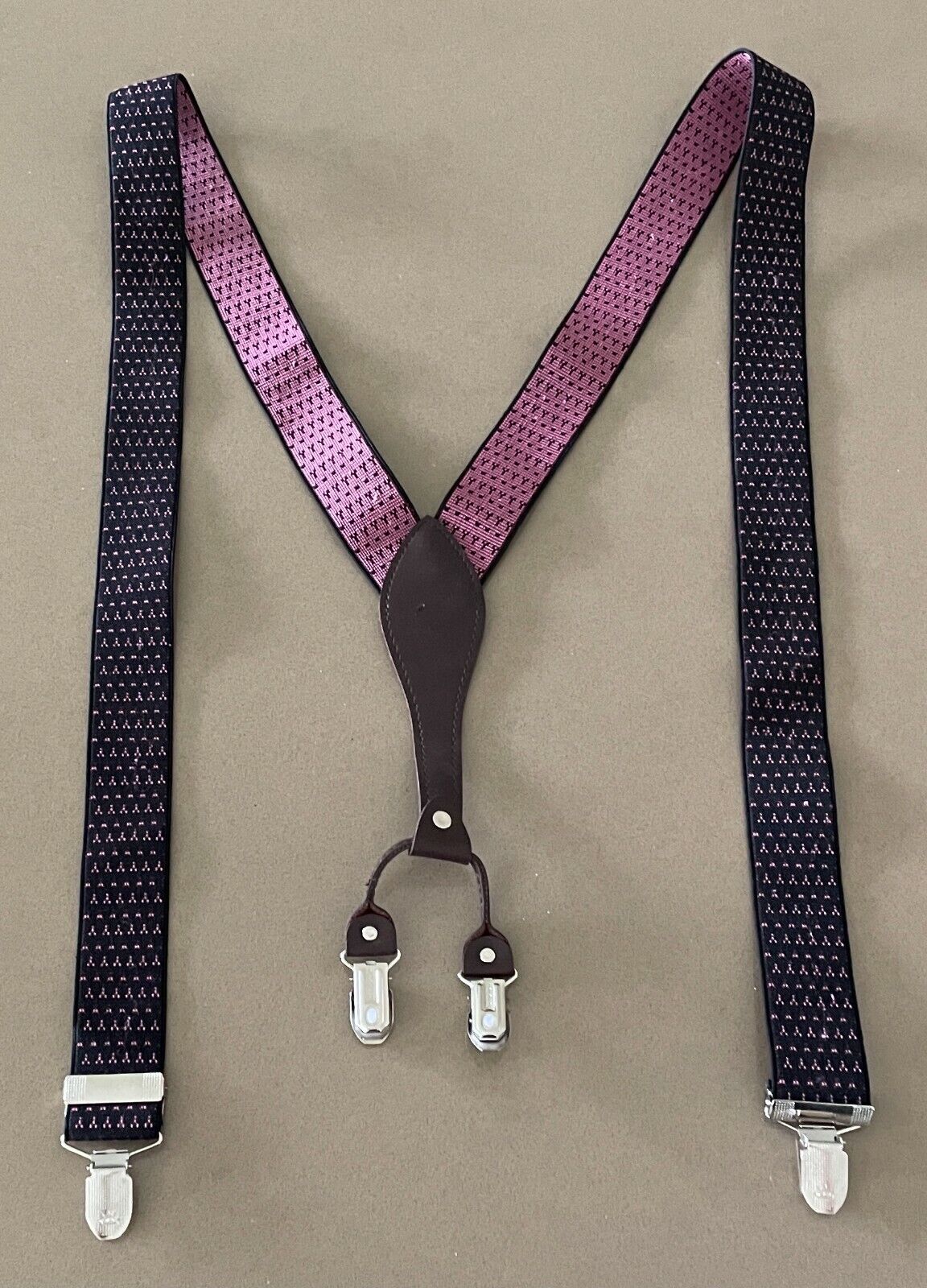 Unisex SUN KONG COW Black & Pink Print Elasticised Clip On Braces Suspenders