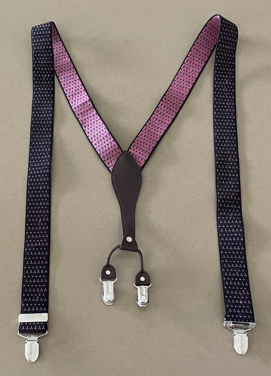 Unisex SUN KONG COW Black & Pink Print Elasticised Clip On Braces Suspenders
