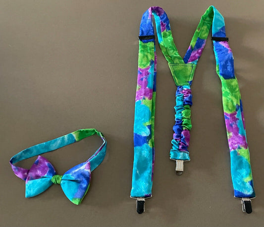 Vtg 1980's BEAU TIES Bright Colour Suspenders Braces Bow Tie Set Adjustable NEW