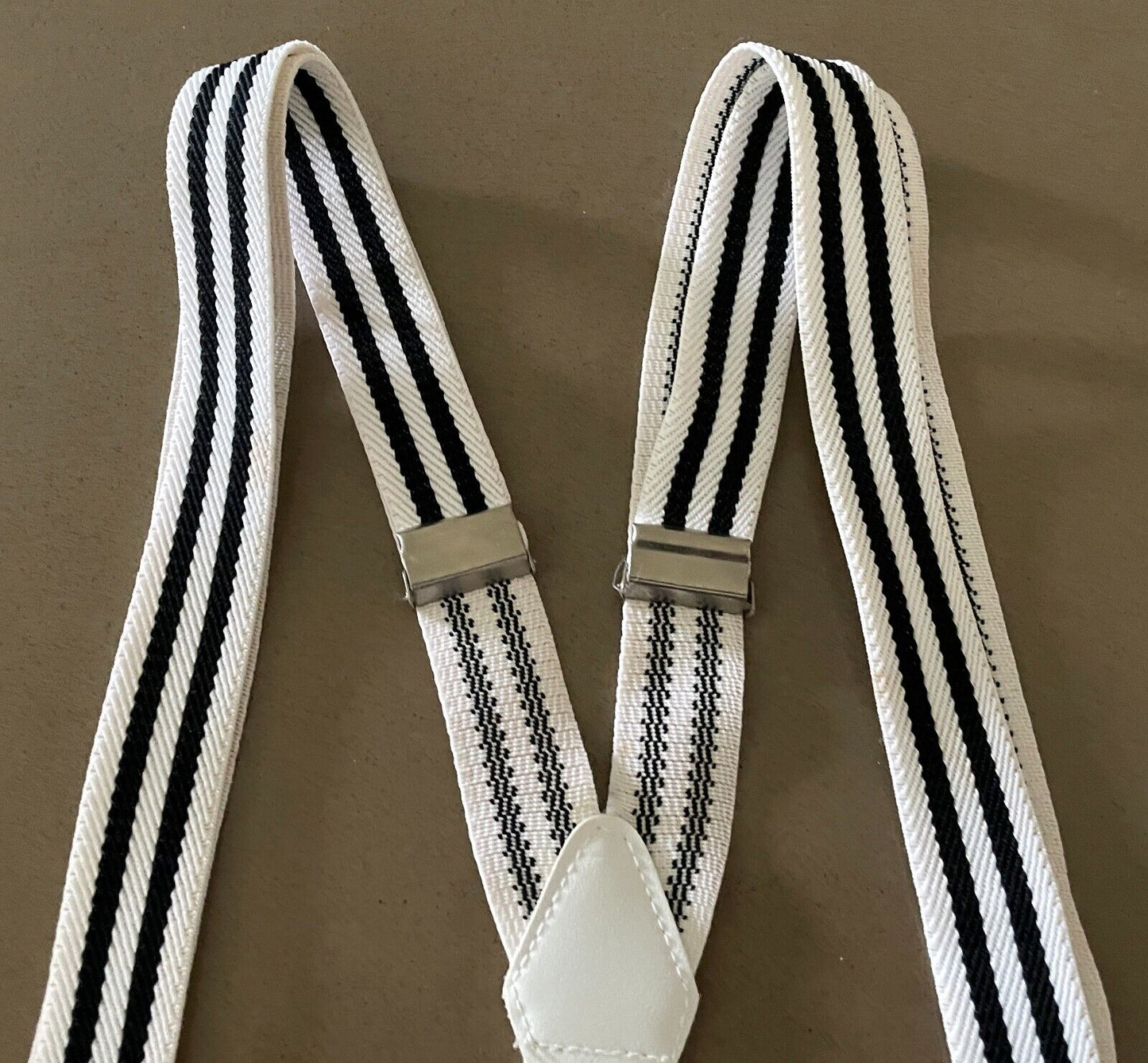 Unisex 2.5cm Wide Braces Suspenders White Black Stripe Adjustable Clip On