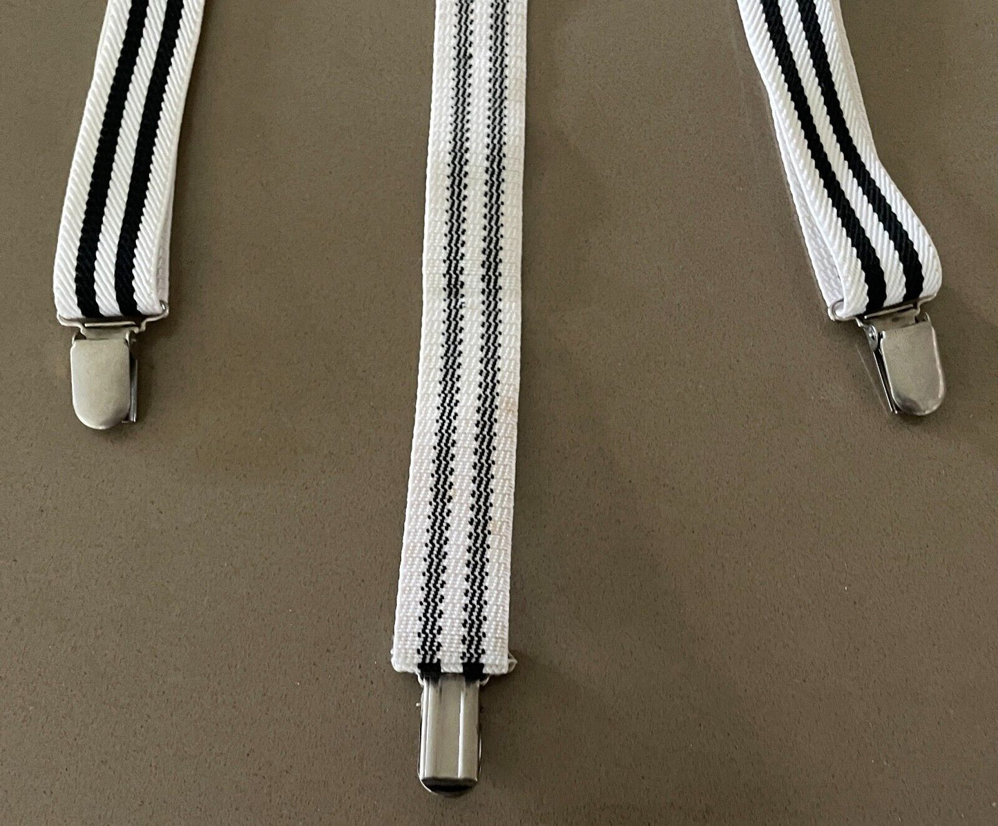 Unisex 2.5cm Wide Braces Suspenders White Black Stripe Adjustable Clip On