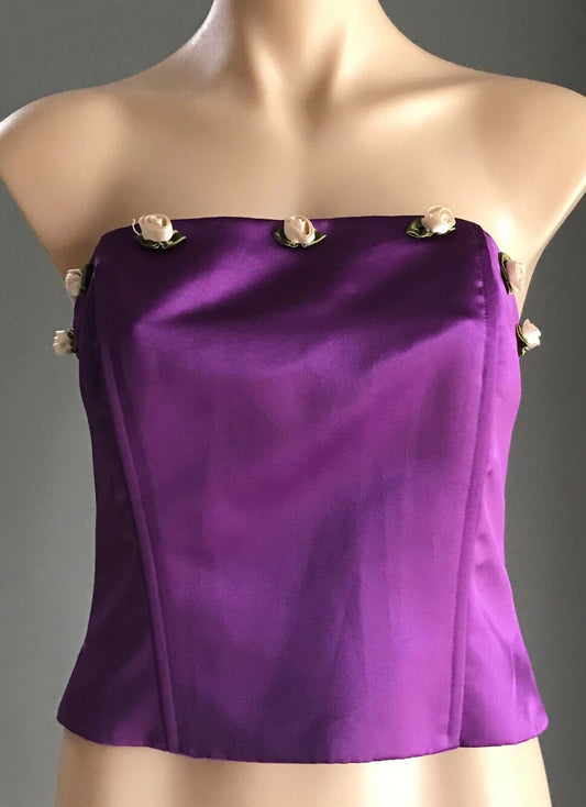 MR K Bustier Vintage Purple Strapless Top Floral Trim Corset Luxe Top Sz 12 NEW