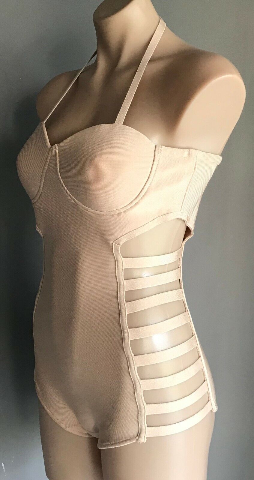 SwimSuit Bodysuit Side Ladder Cut Out ONE PIECE Blush Beige Underwire Size L 12