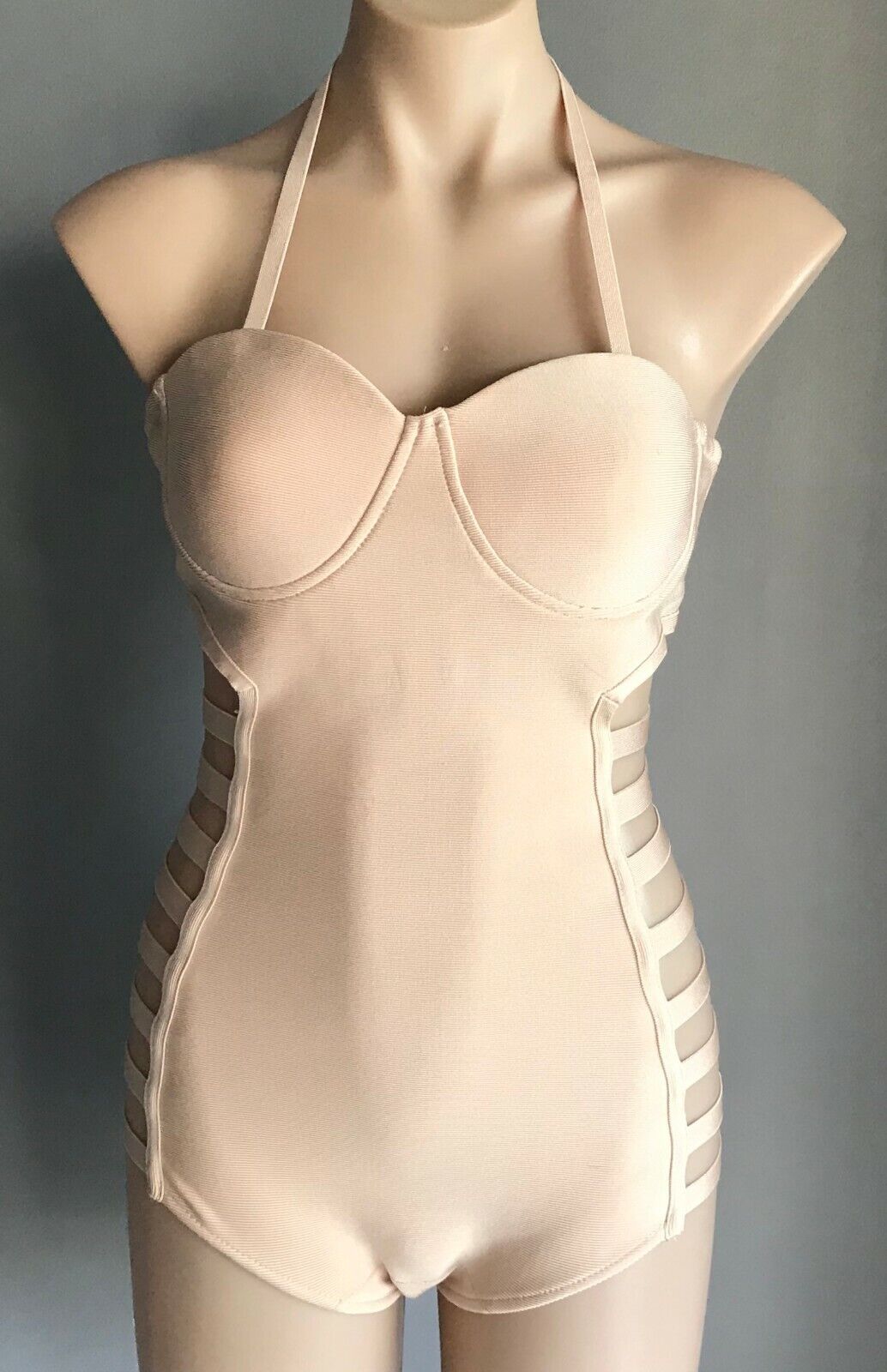 SwimSuit Bodysuit Side Ladder Cut Out ONE PIECE Blush Beige Underwire Size L 12