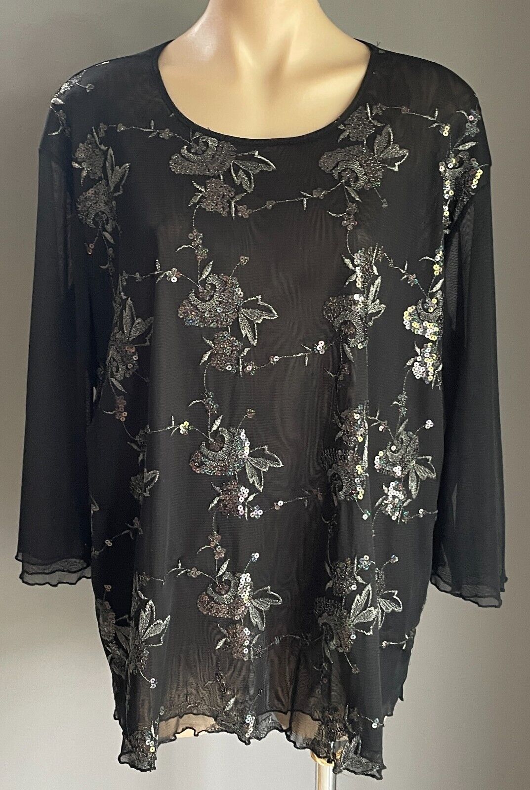 ELEGANT Top Black Mesh Net Semi Sheer 3/4 Sleeve Silver Floral Sequin Trim Sz XL