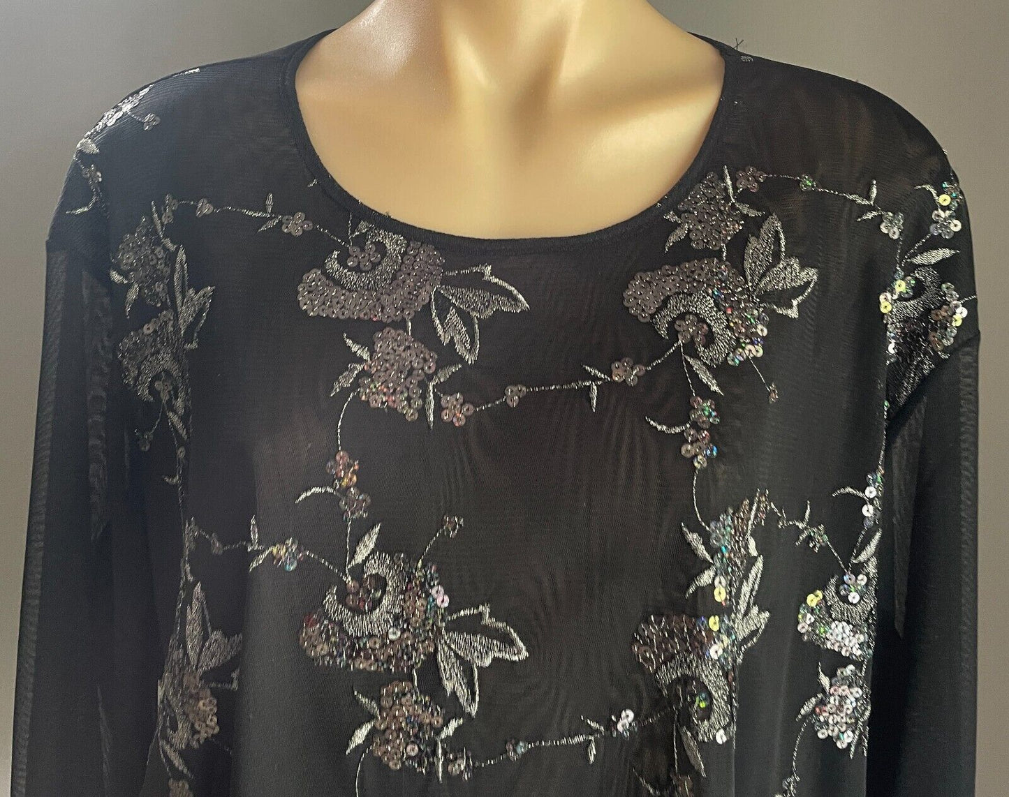 ELEGANT Top Black Mesh Net Semi Sheer 3/4 Sleeve Silver Floral Sequin Trim Sz XL