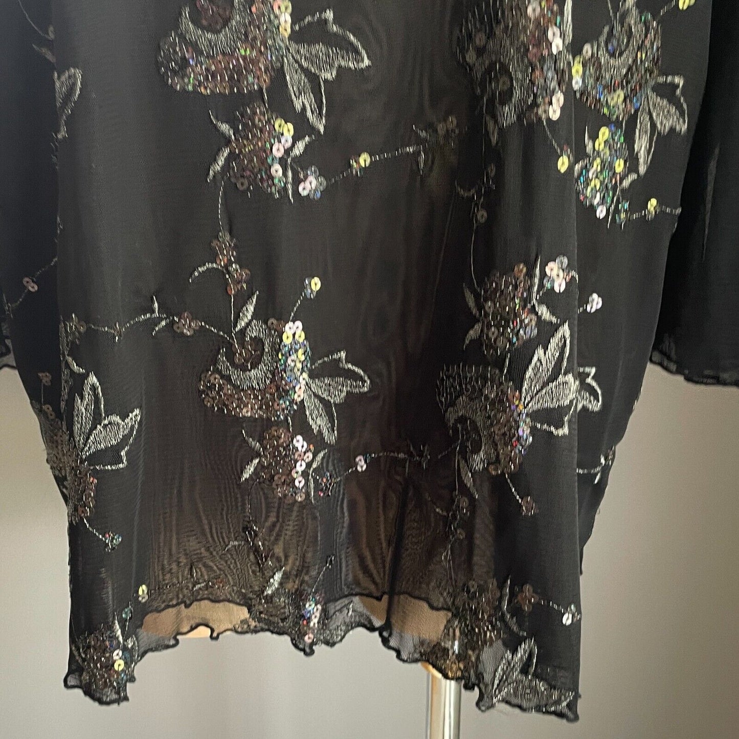 ELEGANT Top Black Mesh Net Semi Sheer 3/4 Sleeve Silver Floral Sequin Trim Sz XL