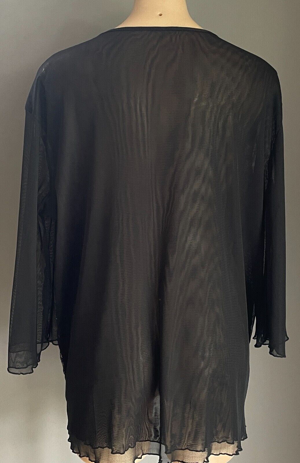 ELEGANT Top Black Mesh Net Semi Sheer 3/4 Sleeve Silver Floral Sequin Trim Sz XL