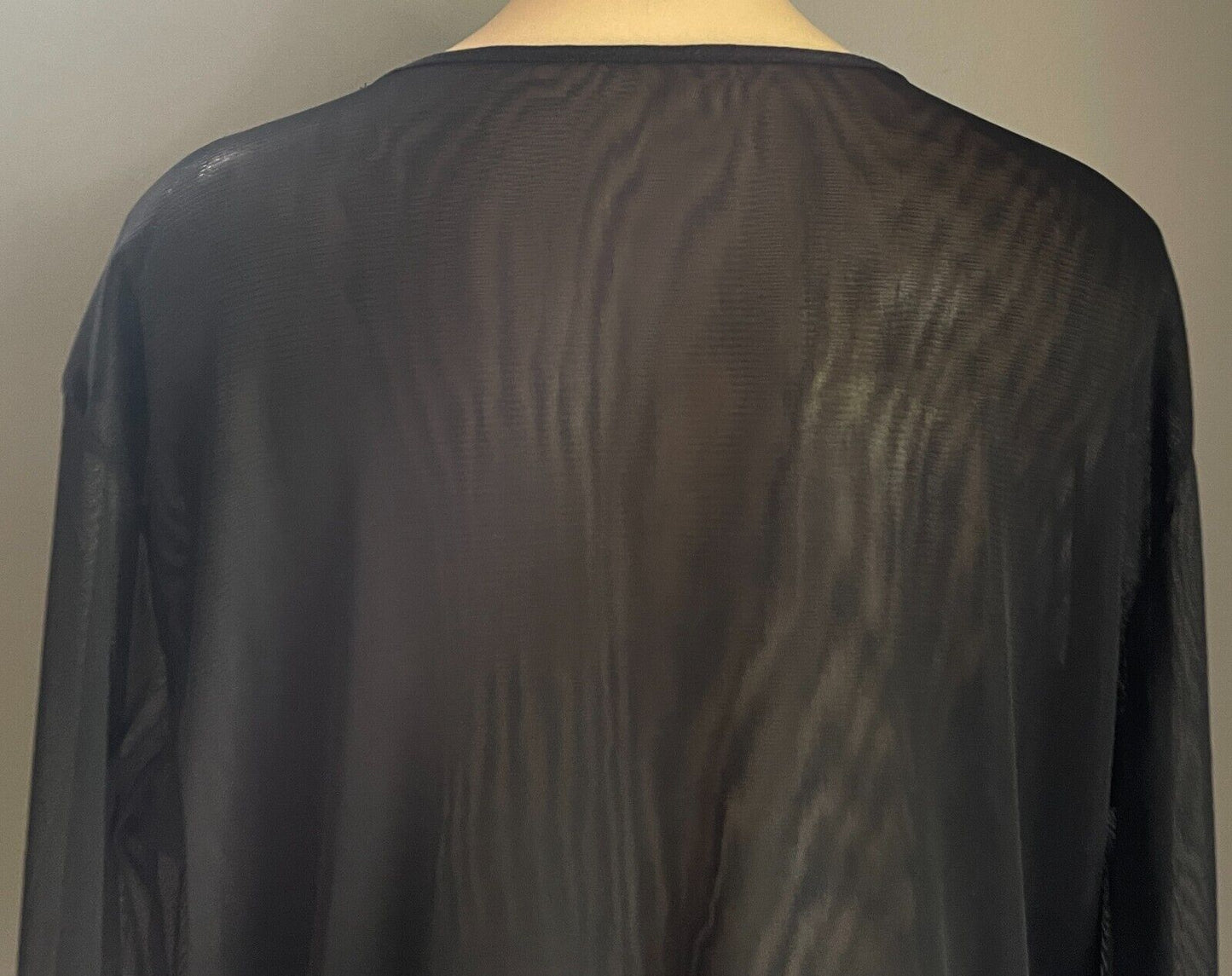 ELEGANT Top Black Mesh Net Semi Sheer 3/4 Sleeve Silver Floral Sequin Trim Sz XL