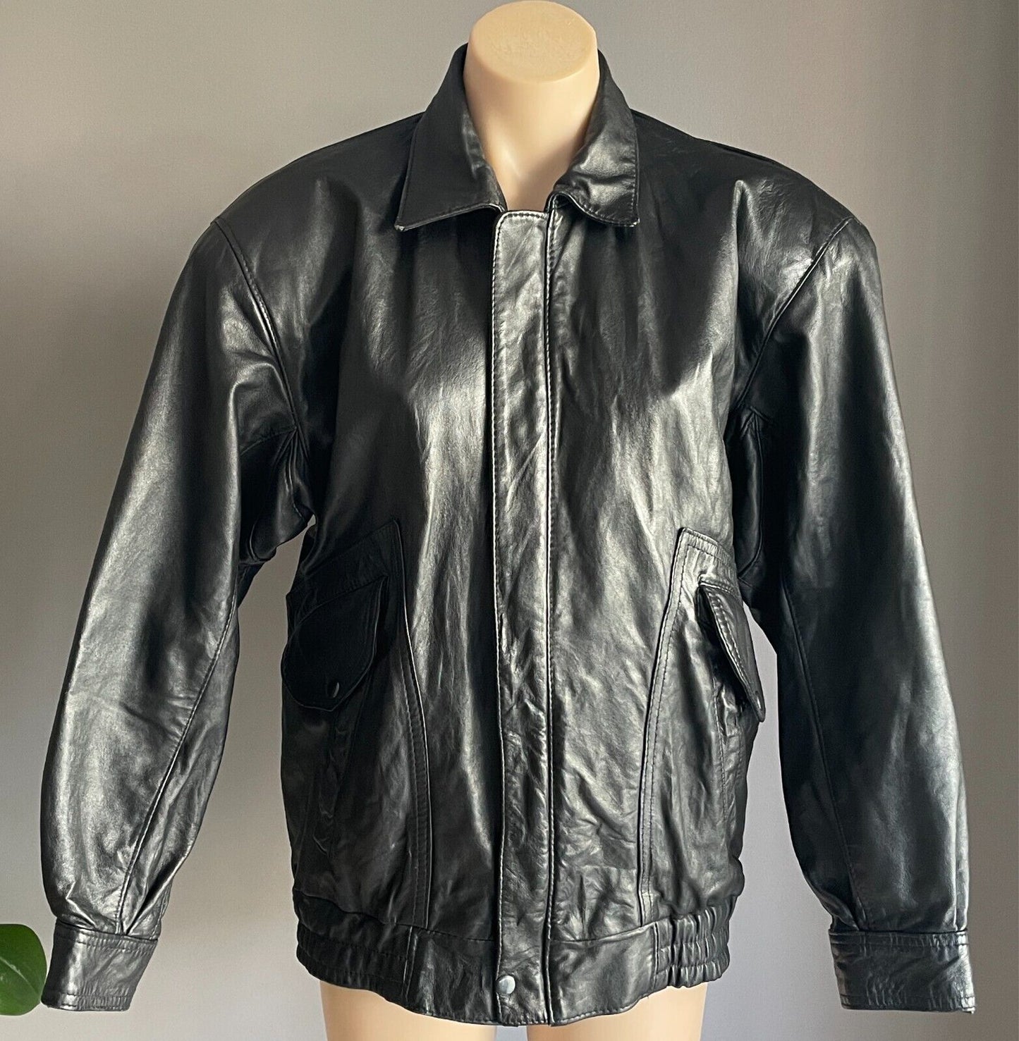 Vintage JONTELL LEATHER Black Leather Bomber Jacket Size M Lined Elastic Hem