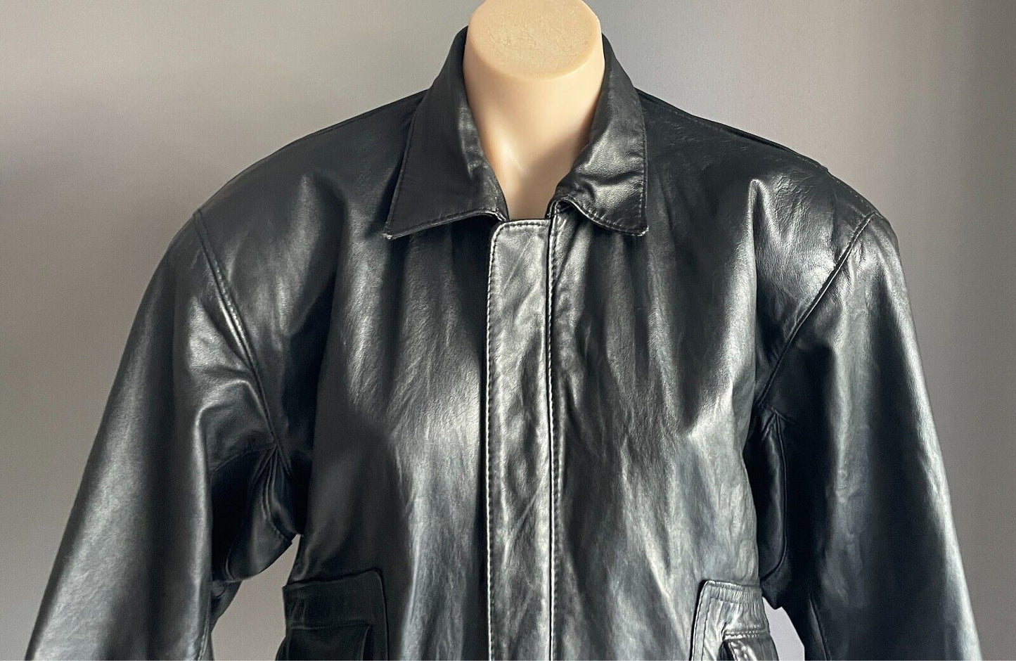 Vintage JONTELL LEATHER Black Leather Bomber Jacket Size M Lined Elastic Hem