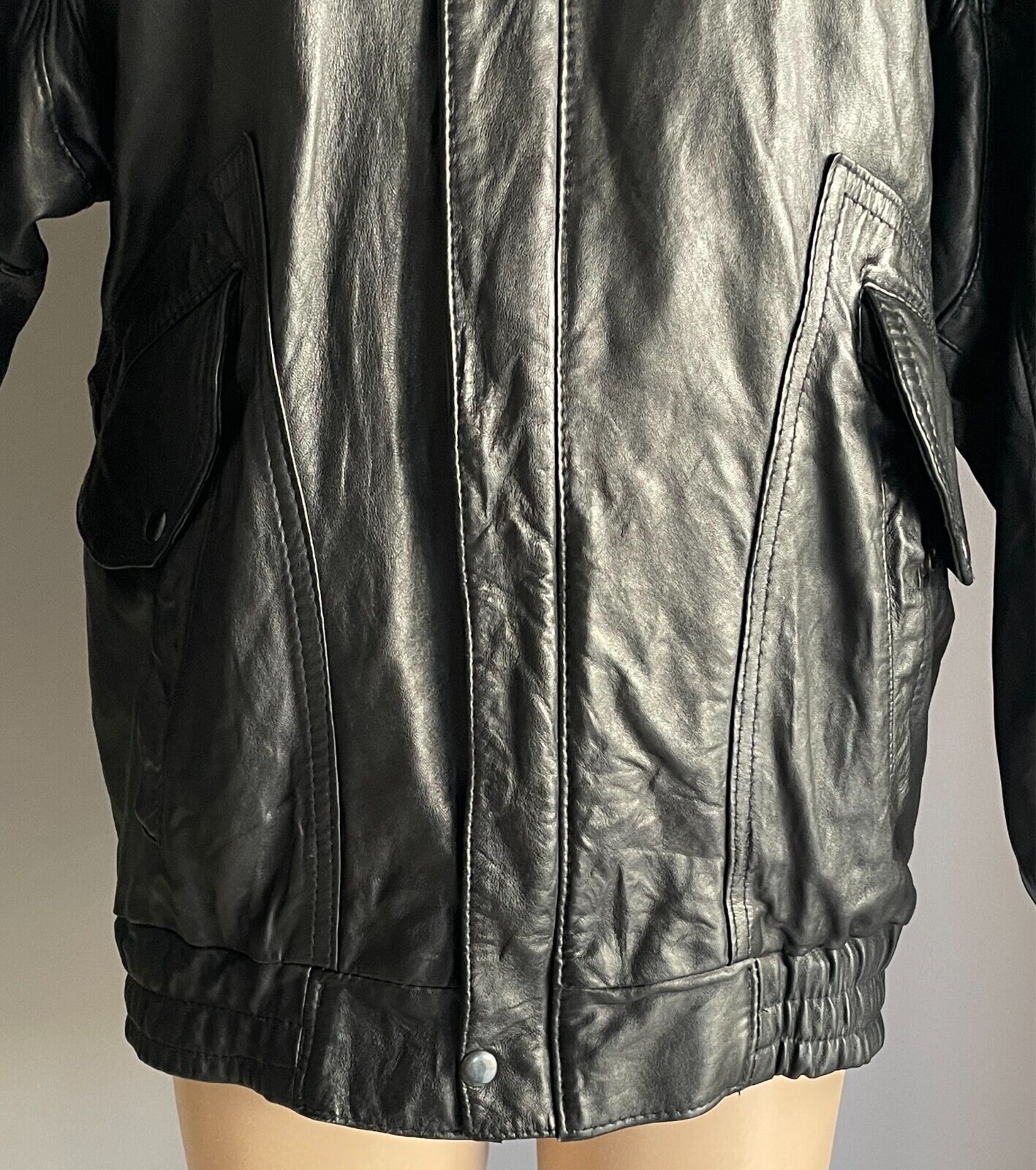 Vintage JONTELL LEATHER Black Leather Bomber Jacket Size M Lined Elastic Hem