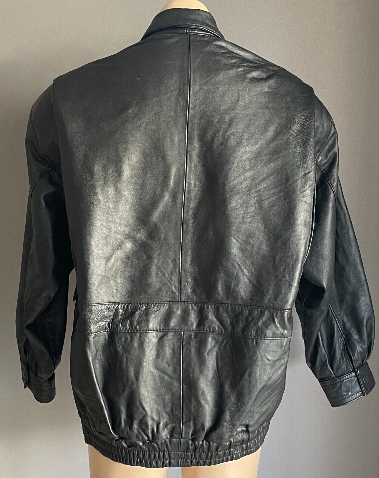 Vintage JONTELL LEATHER Black Leather Bomber Jacket Size M Lined Elastic Hem