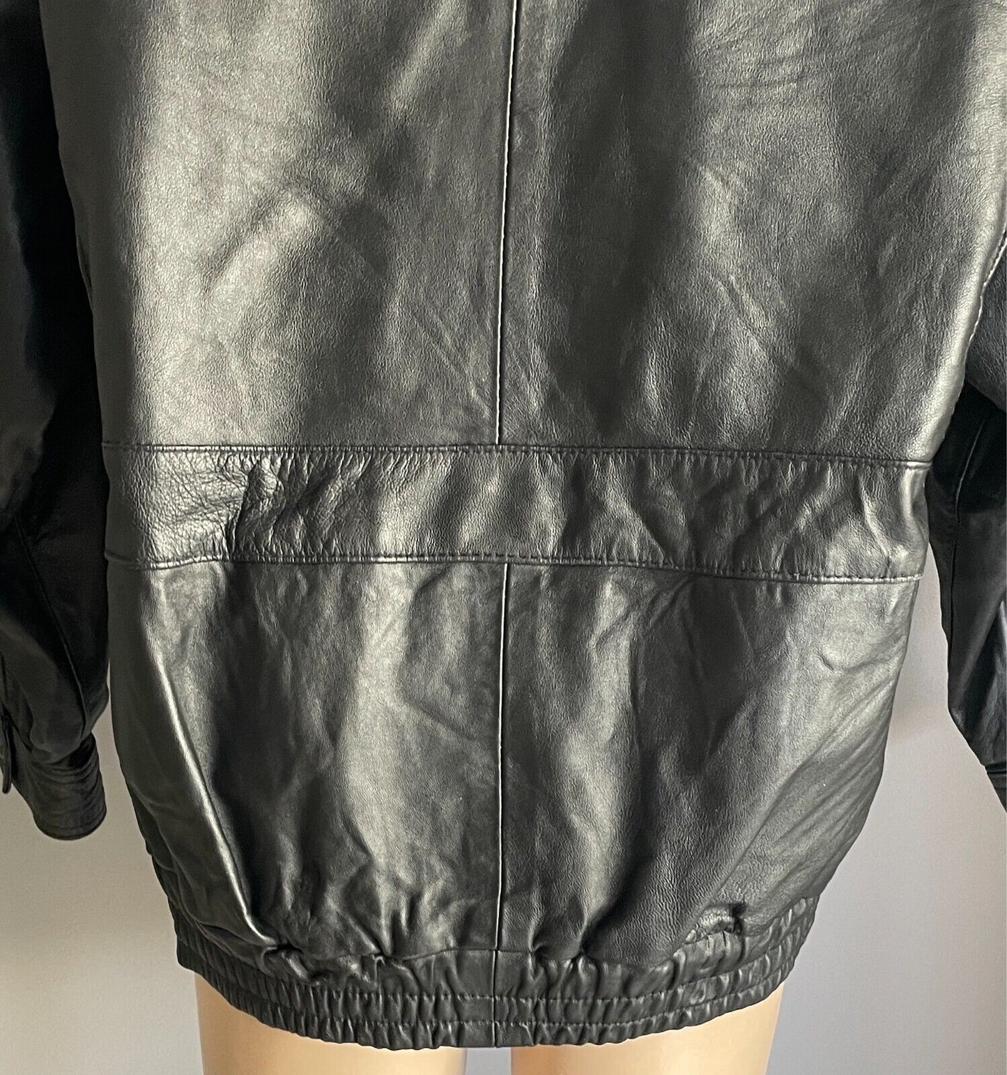 Vintage JONTELL LEATHER Black Leather Bomber Jacket Size M Lined Elastic Hem