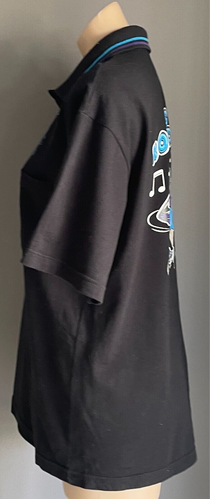 Polo Shirt  ROCK & ROLL Print Black Short Sleeves Fit Chest 108cm Unisex Size L