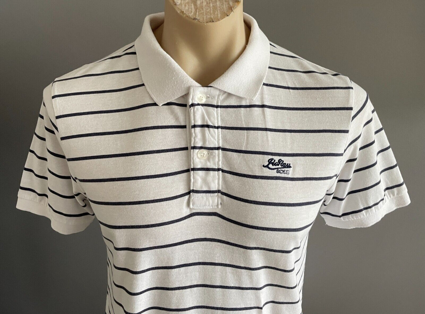CONNOR Polo Shirt White Navy Stripe Short Sleeve Mens Size M Embroidered Logo