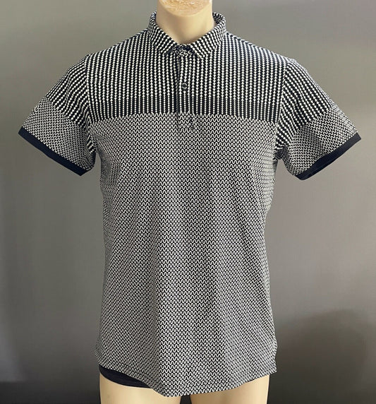 Polo Shirt EDGE Black White Geo Print Slim Fit Stretch Short Sleeve Tee Mens SzL