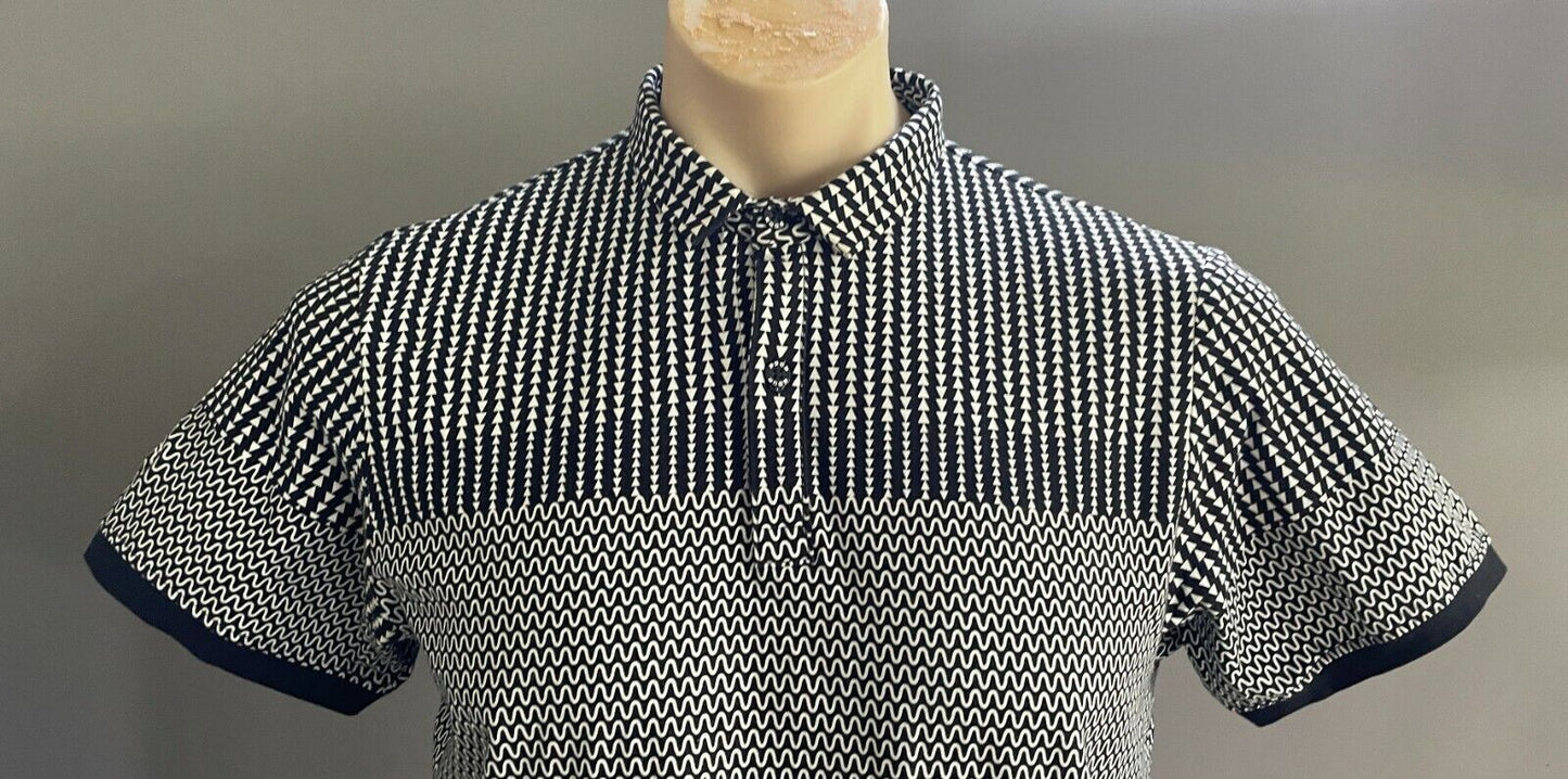 Polo Shirt EDGE Black White Geo Print Slim Fit Stretch Short Sleeve Tee Mens SzL