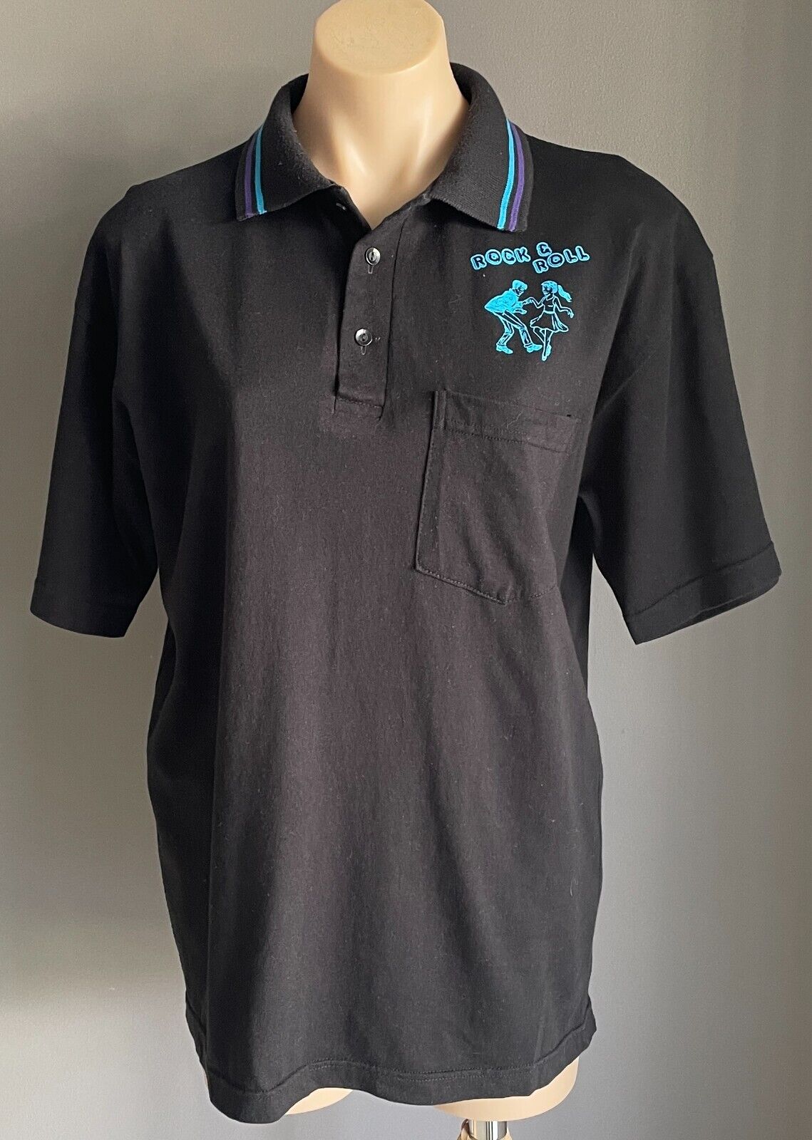 Polo Shirt ROCK & ROLL Print Black Unisex Sz L Short Sleeves To Fit Chest 108cm