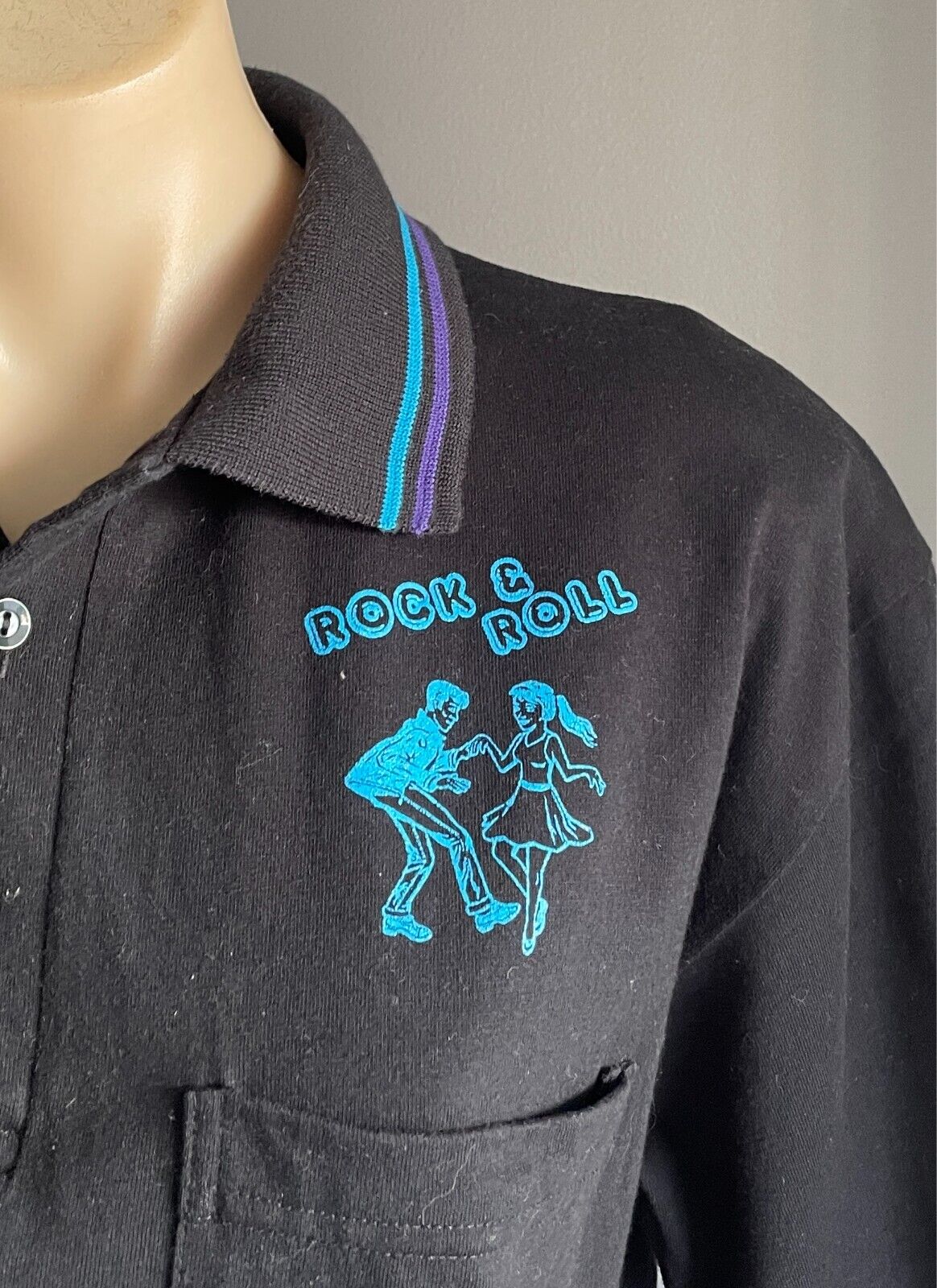 Polo Shirt ROCK & ROLL Print Black Unisex Sz L Short Sleeves To Fit Chest 108cm