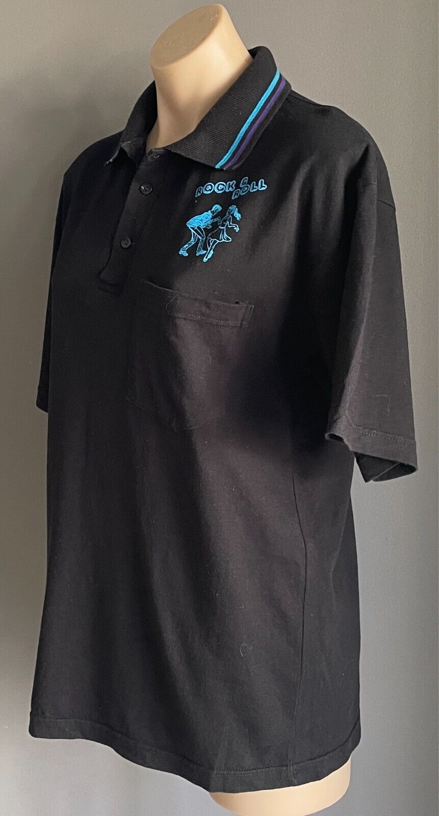 Polo Shirt ROCK & ROLL Print Black Unisex Sz L Short Sleeves To Fit Chest 108cm