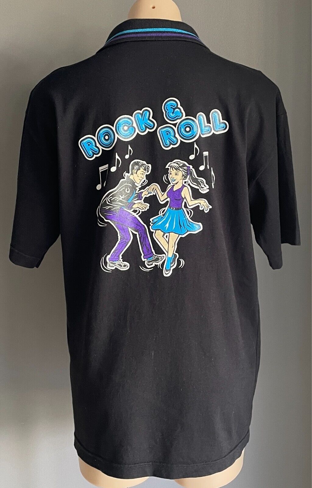 Polo Shirt ROCK & ROLL Print Black Unisex Sz L Short Sleeves To Fit Chest 108cm