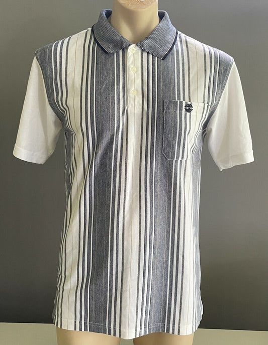Polo Shirt BOTANY BAY TRADERS Navy White Gold Stripe Short Sleeve Tee Mens Sz M