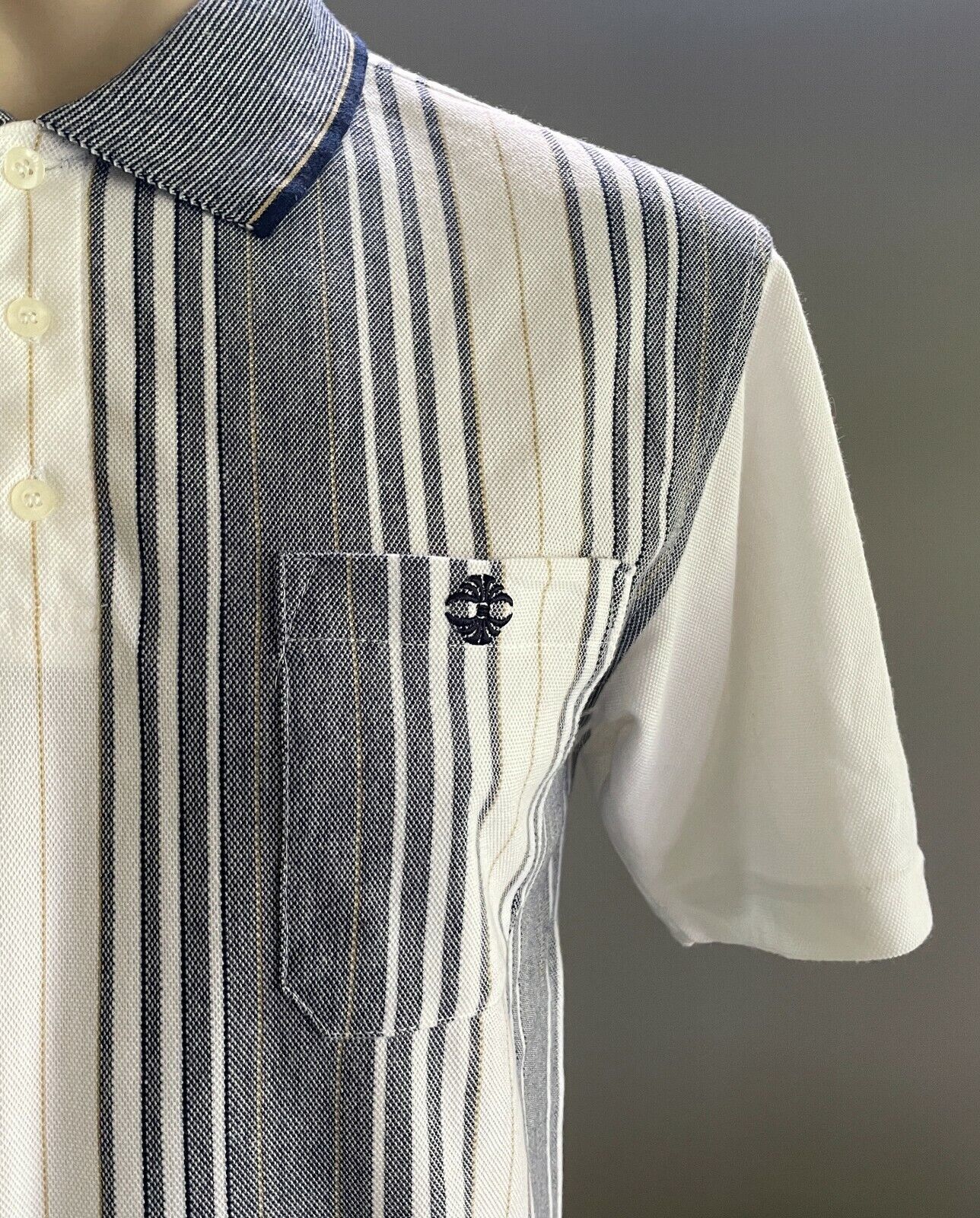 Polo Shirt BOTANY BAY TRADERS Navy White Gold Stripe Short Sleeve Tee Mens Sz M