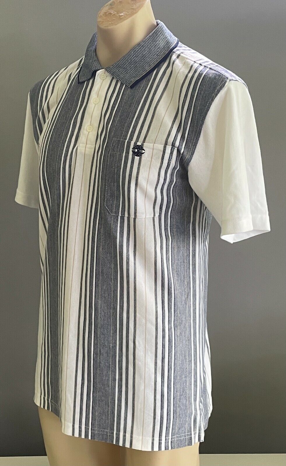 Polo Shirt BOTANY BAY TRADERS Navy White Gold Stripe Short Sleeve Tee Mens Sz M