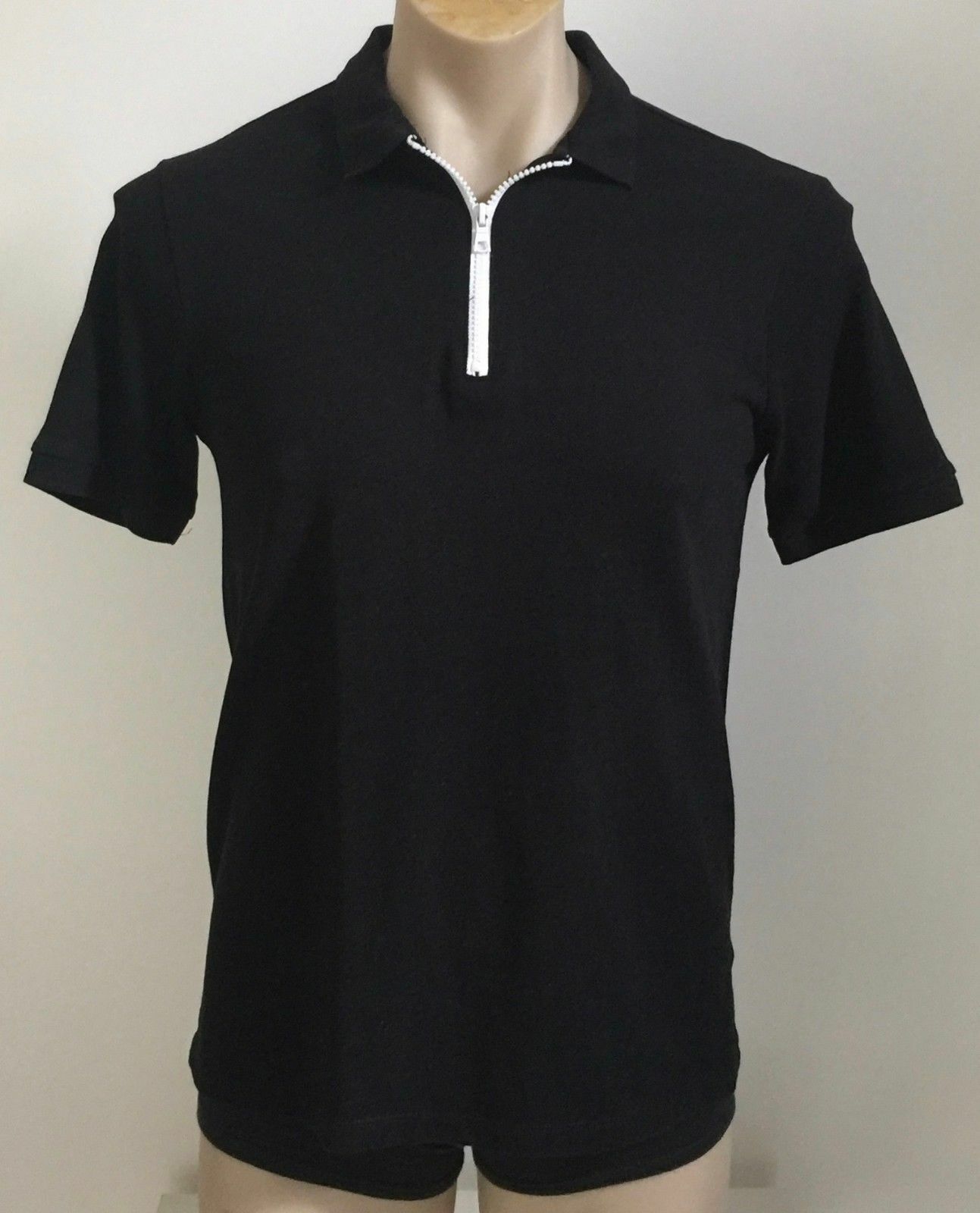 Polo Shirt H&M Conscious Black Short Sleeve White Zip Top Tee Mens Size M Collar