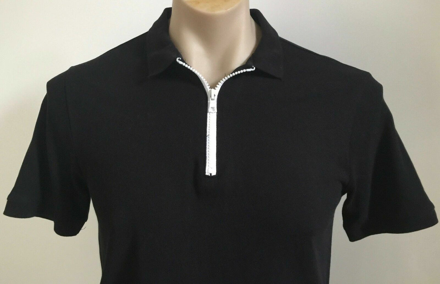 Polo Shirt H&M Conscious Black Short Sleeve White Zip Top Tee Mens Size M Collar