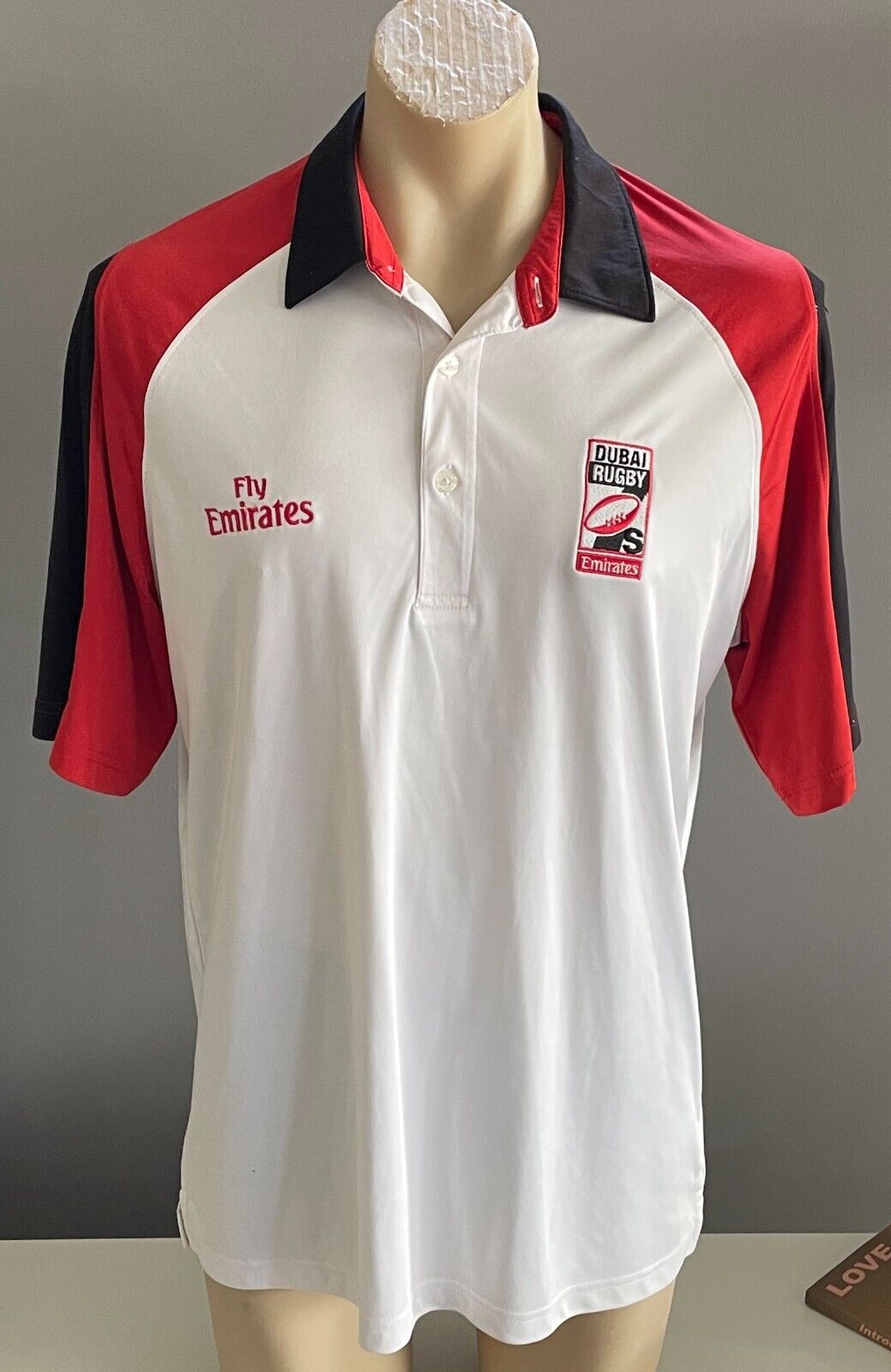 Polo Shirt DUBAI RUGBY 7's Official Merch Sh/Sleeve White Red Black Trim Size L