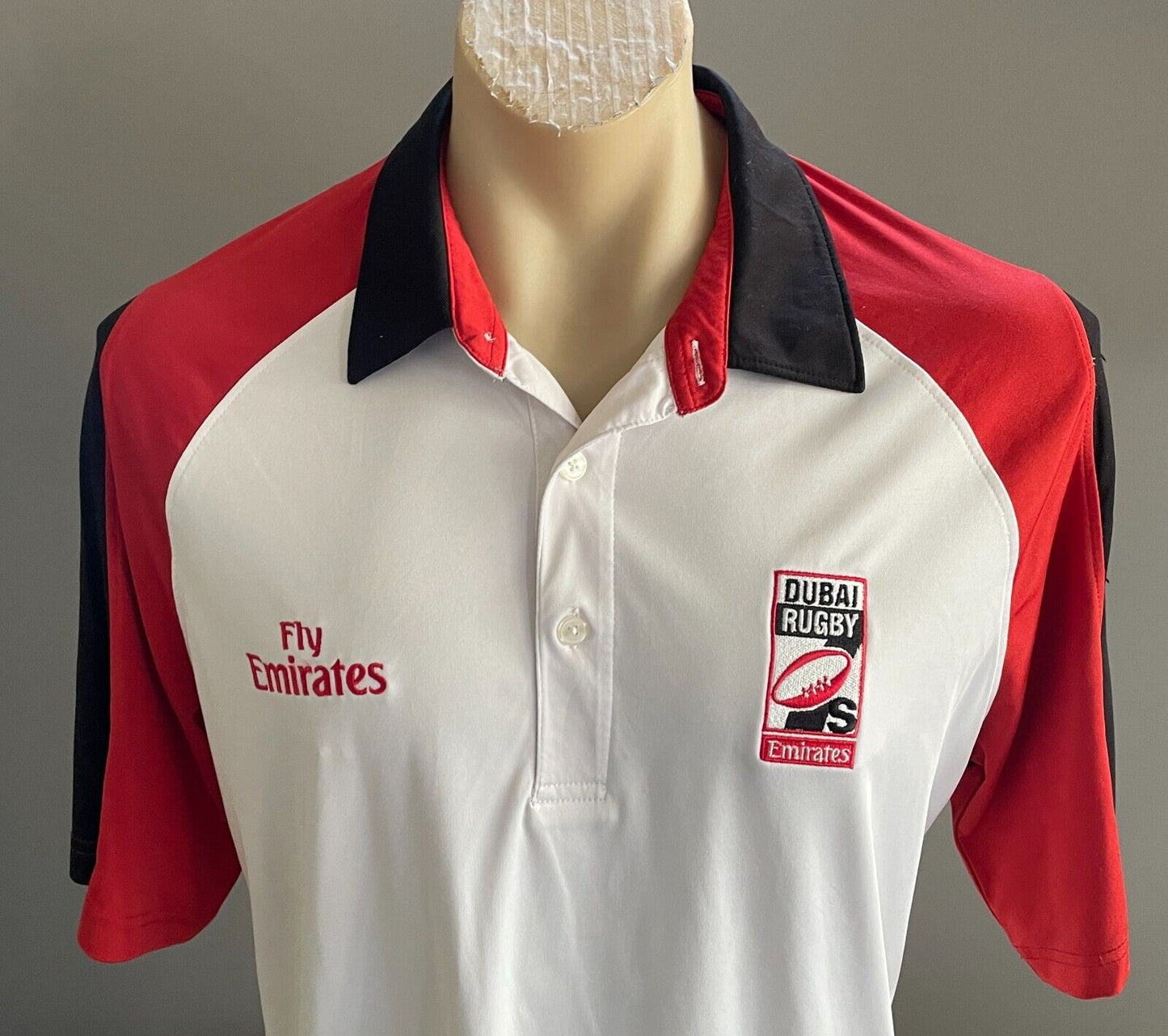 Polo Shirt DUBAI RUGBY 7's Official Merch Sh/Sleeve White Red Black Trim Size L