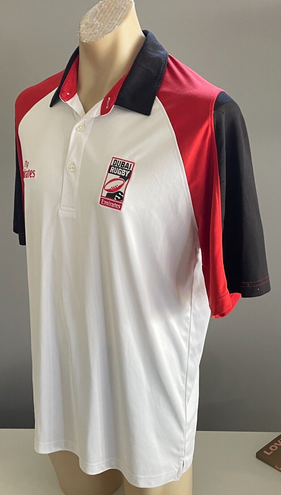 Polo Shirt DUBAI RUGBY 7's Official Merch Sh/Sleeve White Red Black Trim Size L