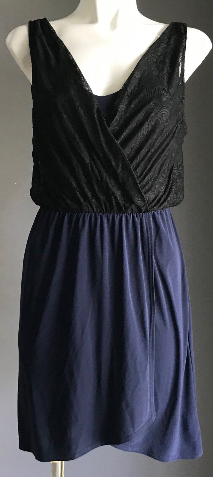 PINS AND NEEDLES Dress Navy Blue w Drape Black Lace Overlay Sleeveless Size S 8