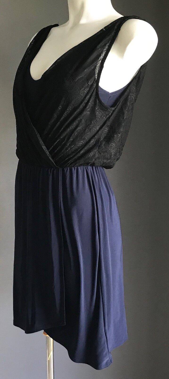 PINS AND NEEDLES Dress Navy Blue w Drape Black Lace Overlay Sleeveless Size S 8
