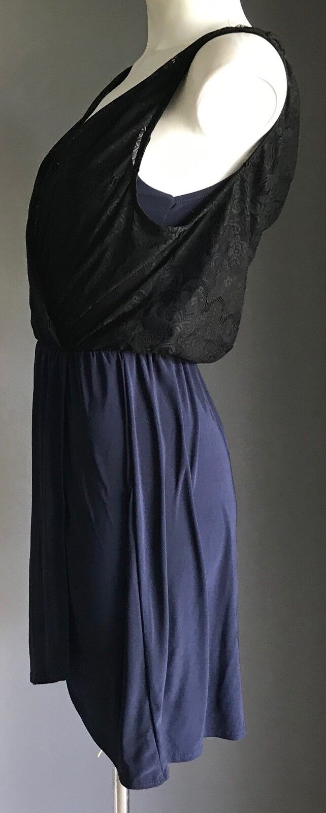 PINS AND NEEDLES Dress Navy Blue w Drape Black Lace Overlay Sleeveless Size S 8