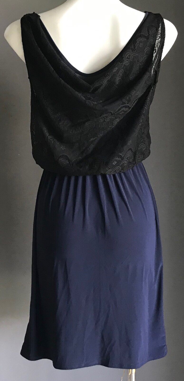 PINS AND NEEDLES Dress Navy Blue w Drape Black Lace Overlay Sleeveless Size S 8