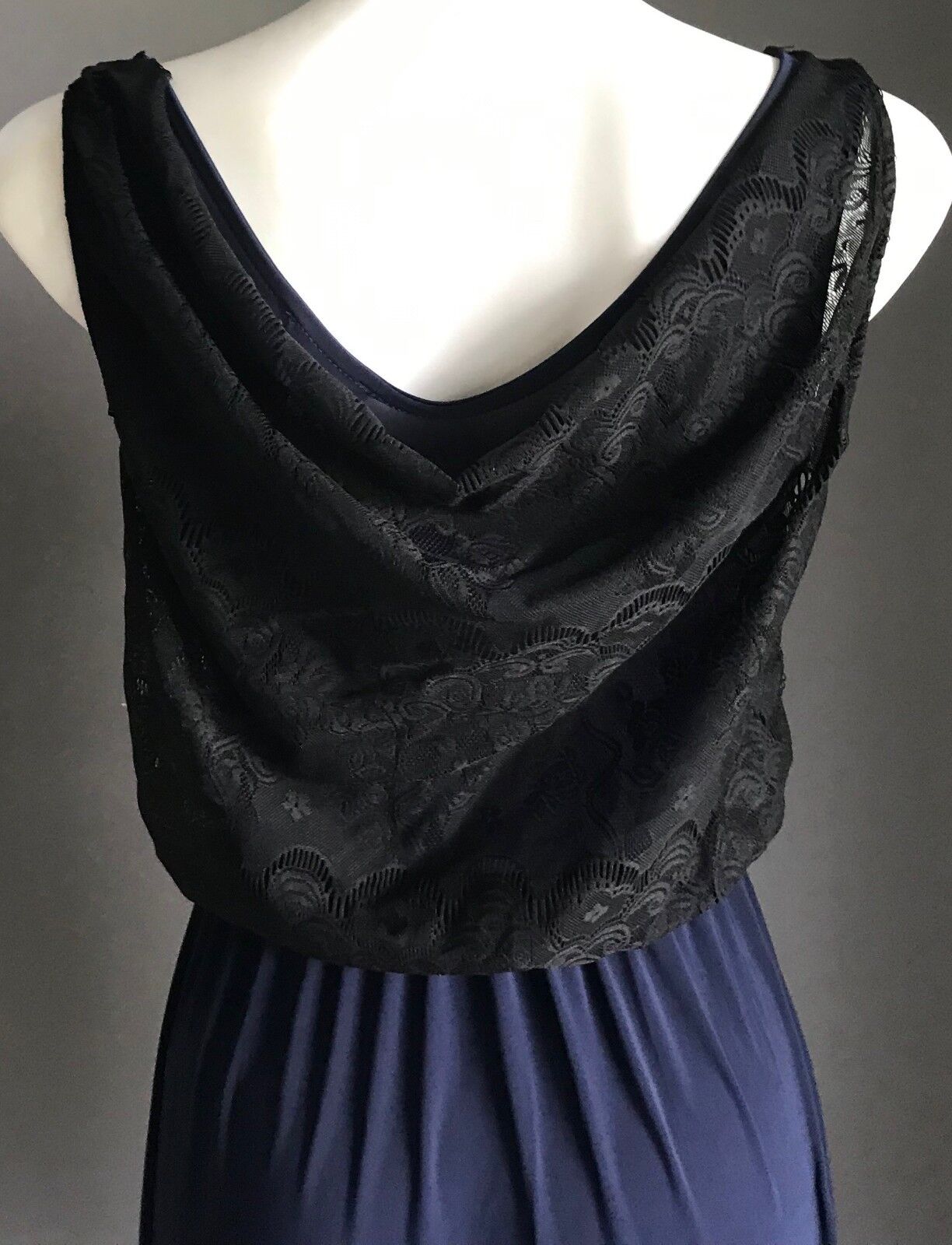 PINS AND NEEDLES Dress Navy Blue w Drape Black Lace Overlay Sleeveless Size S 8