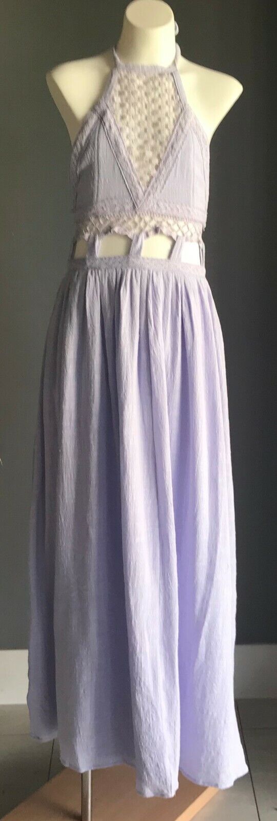 Maxi Dress ELL DESIGNS Mauve Lilac Halter Neck Lace Trim Cut Out Waist Sz 8 NEW