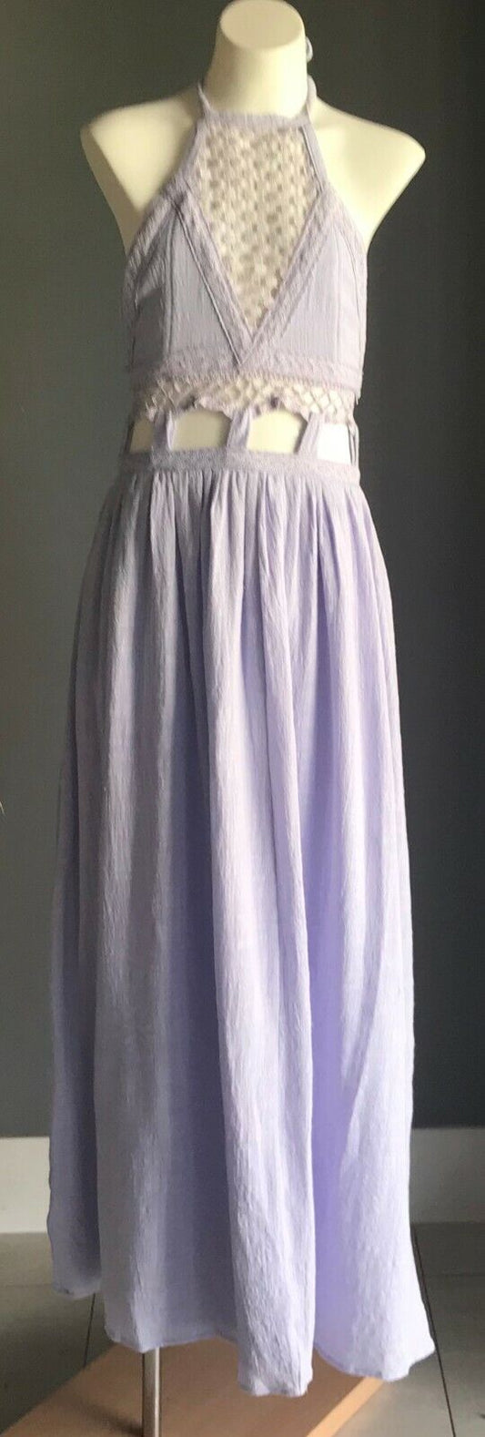 Maxi Dress ELL DESIGNS Mauve Lilac Halter Neck Lace Trim Cut Out Waist Sz 8 NEW
